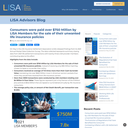 Consumers were paid over $750 Million by LISA Members for the sale of their unwanted life insurance policies