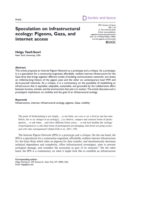 Speculation on infrastructural ecology: Pigeons, Gaza, and internet access