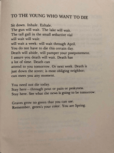 To the young who want to die, by Gwendolyn Brooks
