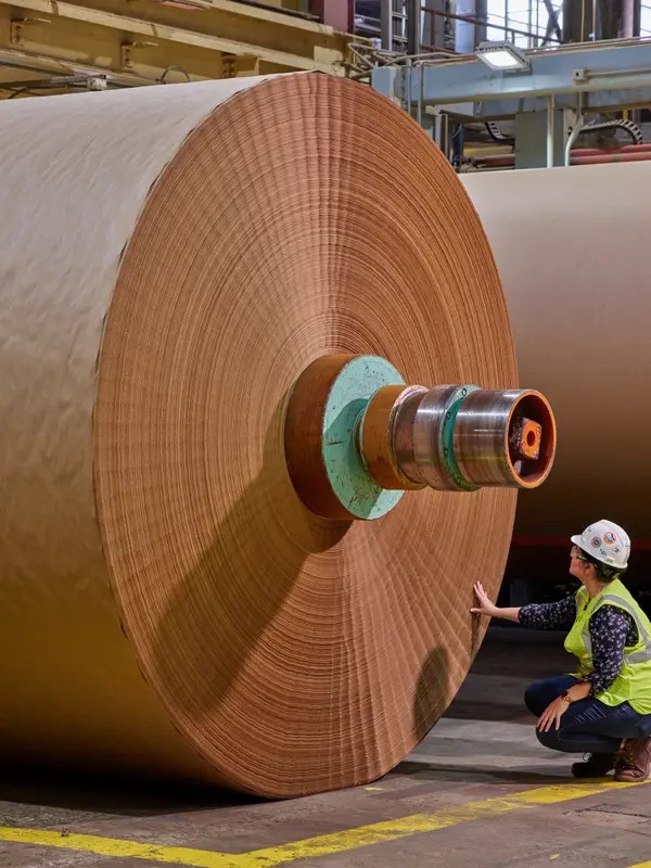A 35-ton roll of finished containerboard