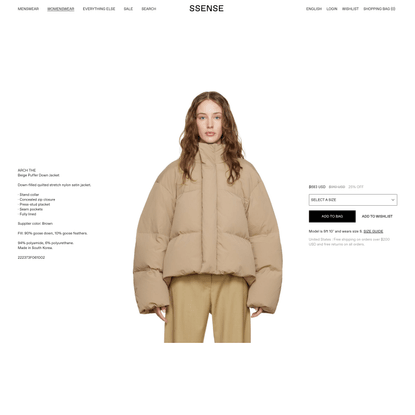 Beige Puffer Down Jacket by Arch The on Sale