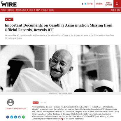 Important Documents on Gandhi's Assassination Missing from Official Records, Reveals RTI - The Wire