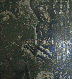  paintings were exposed onto the metal using photographic film, etched using a nitric acid bath, and then turned green during the welding of the legs.