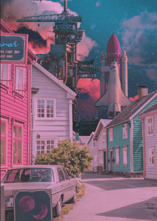 
Illustration by digital collage artist Becky Orlinski aka Beorli featuring a car in a pastel colored village with a rocket and a lauching platform somewhere near, on a cyan sky.