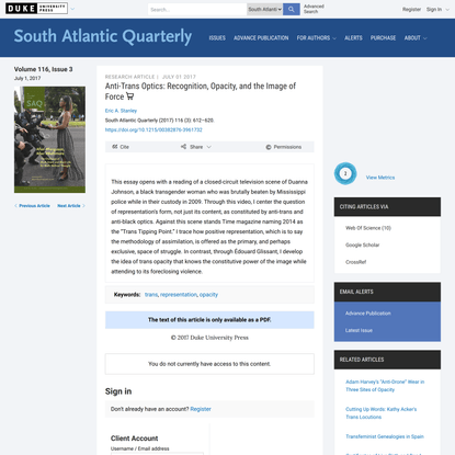 Anti-Trans Optics: Recognition, Opacity, and the Image of Force | South Atlantic Quarterly | Duke University Press