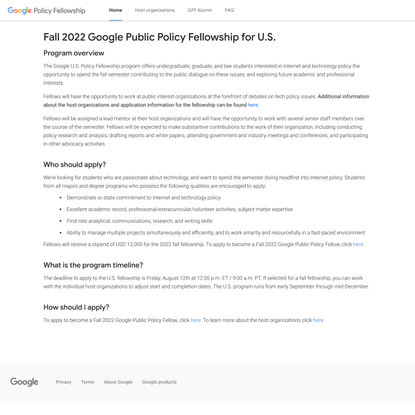Fall 2022 Google Public Policy Fellowship for U.S.