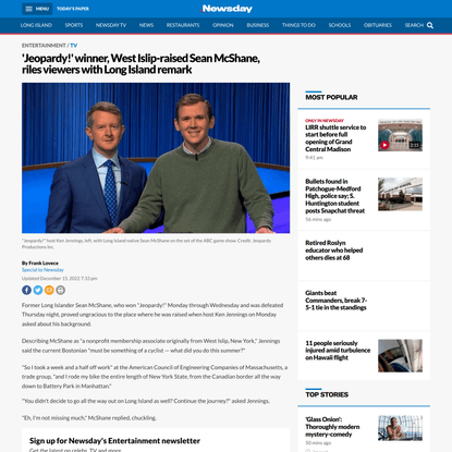 ‘Jeopardy!’ winner, West Islip-raised Sean McShane, riles viewers with Long Island remark