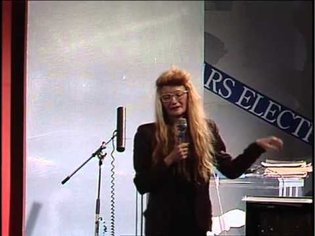 Maryanne Amacher speaking at Ars Electronica. Linz, Austria 1989