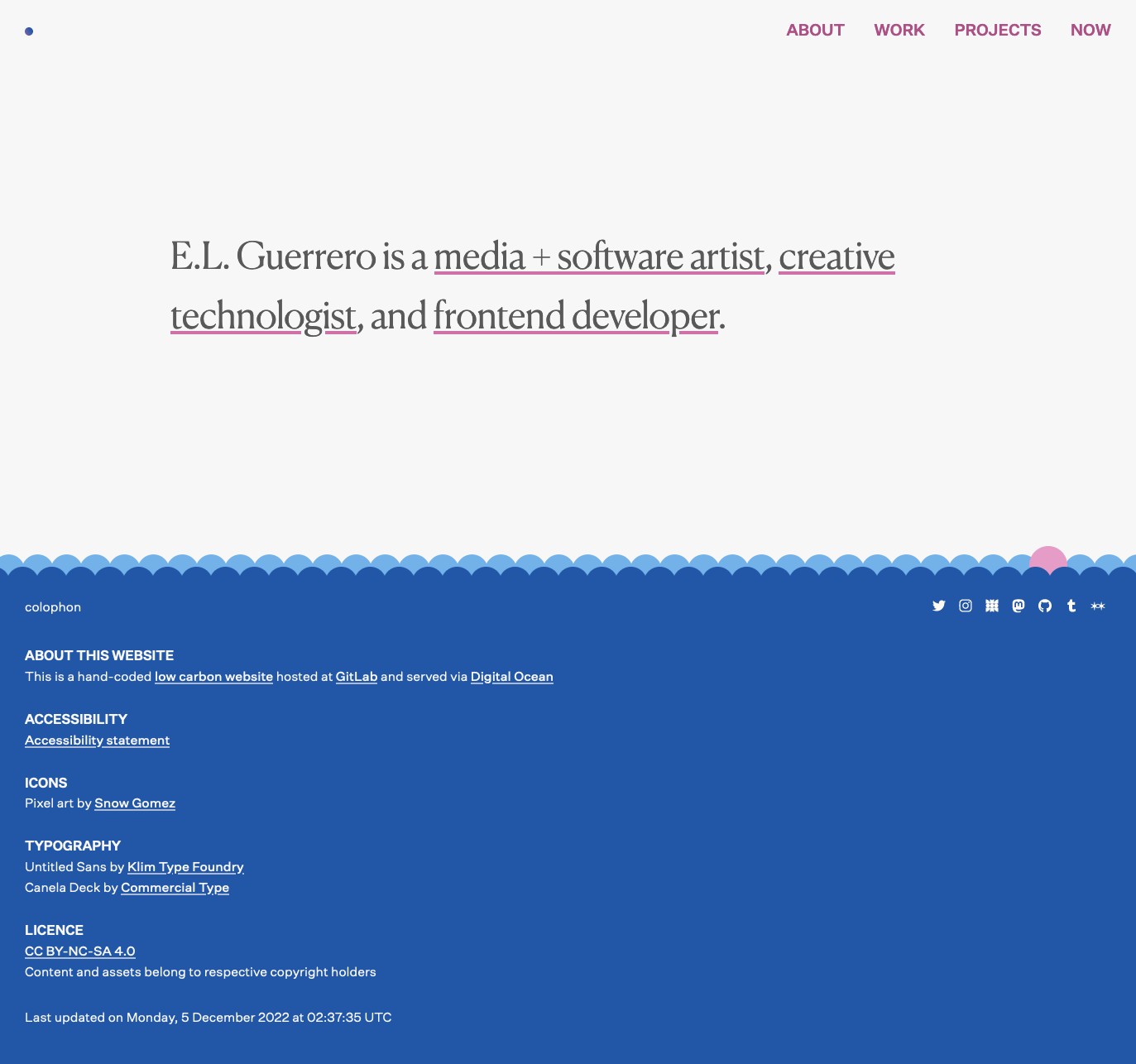 A screenshot of v. 1.0 of The Great Wave as a single-page HTML document. The navigation is located at the upper right corner, followed by the main section in the middle, and a sticky footer that reveals the colophon. The footer is decorated with a scallop wave pattern with a single pink blue dot on the far right.