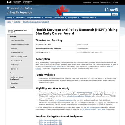 Health Services and Policy Research (HSPR) Rising Star Early Career Award - CIHR