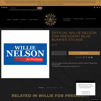 Official Willie Nelson for President Blue Bumper Sticker | Willie for President | Willie Nelson Shop