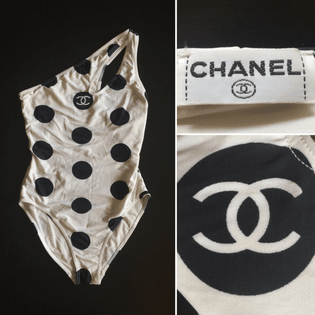 CHANEL Authentic CC Logos Iconic &amp; Rare White Black Polka Dot Vintage Body Suit or Bathing Suit / Swim Suit
