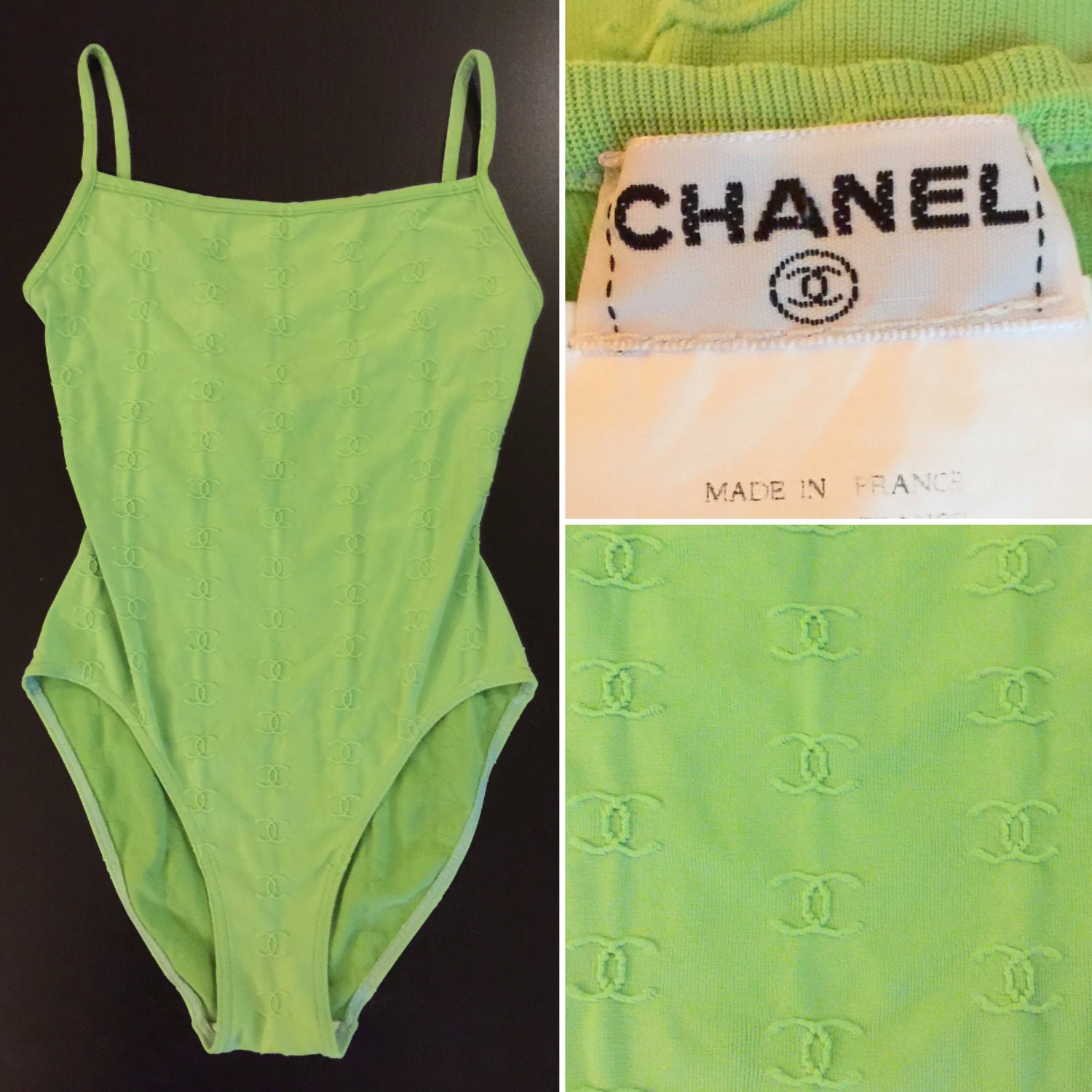 CHANEL Authentic CC Logos Iconic Bright Green Vintage Body Suit or
