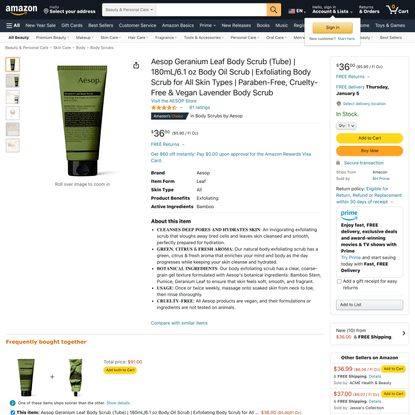 Aesop Geranium Leaf Body Scrub (Tube) | 180mL/6.1 oz Body Oil Scrub | Exfoliating Body Scrub for All Skin Types | Paraben-Fr...
