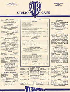 Warner Bros. Studio Cafe Menu, February 17, 1941
