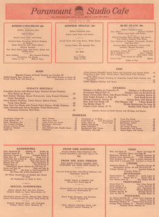 Paramount Studio Cafe Menu, July 11, 1936