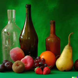 A still life of various fruits and bottles against a green background in the style of Julia Born.