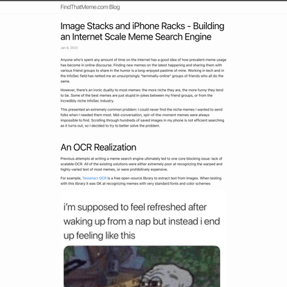 Image Stacks and iPhone Racks - Building an Internet Scale Meme Search Engine | FindThatMeme.com Blog