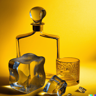 dall-e-2023-01-20-14.06.16-a-still-life-of-glassware-ice-and-a-perfume-bottle-against-a-bright-yellow-background-in-the-styl...