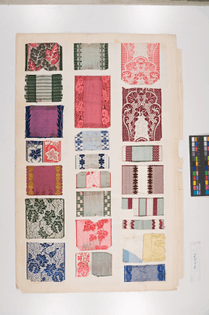 Page from sample book containing floral ribbon samples from Dalton and Barton and William Andrews.