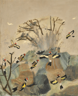 Goldfinches Flying to a Lit Bush, 1994 by Mary Newcomb