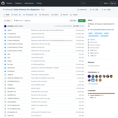 GitHub - microsoft/Data-Science-For-Beginners: 10 Weeks, 20 Lessons, Data Science for All!