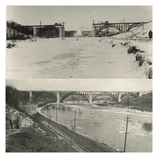 The Prince Edward Viaduct(Bloor Viaduct) under construction in 1916 and in 1918.