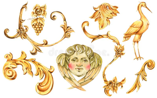 watercolor-golden-baroque-floral-curl-rococo-ornament-element-hand-drawn-gold-scroll-leaves-crane-angel-set-grape-isolated-1...