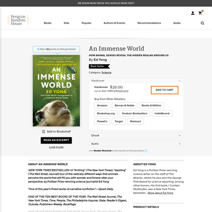 An Immense World by Ed Yong: 9780593133231 | PenguinRandomHouse.com: Books
