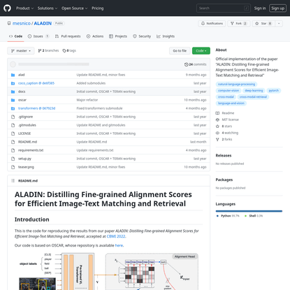 GitHub - mesnico/ALADIN: Official implementation of the paper "ALADIN: Distilling Fine-grained Alignment Scores for Efficient Image-Text Matching and Retrieval"