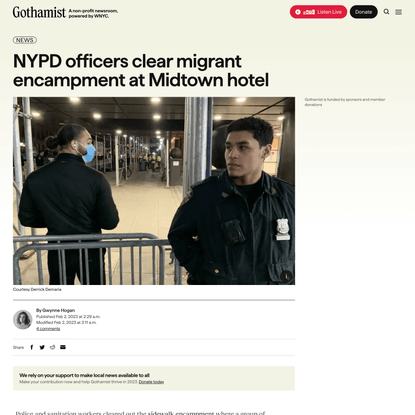 NYPD officers clear migrant encampment at Midtown hotel