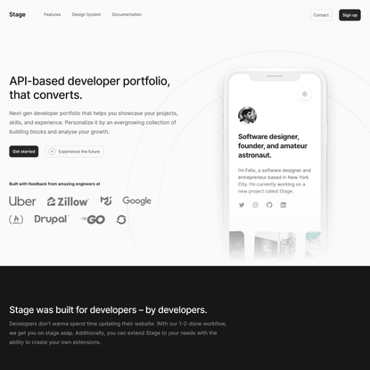 Stage – API-based developer portfolio, that converts.