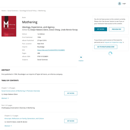 Mothering | Ideology, Experience, and Agency | Evelyn Nakano Glenn, Gr