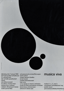 Type-based poster of four black circles of various sizes on a grey background Musica Viva, 1958 Josef Müller-Brockmann 
