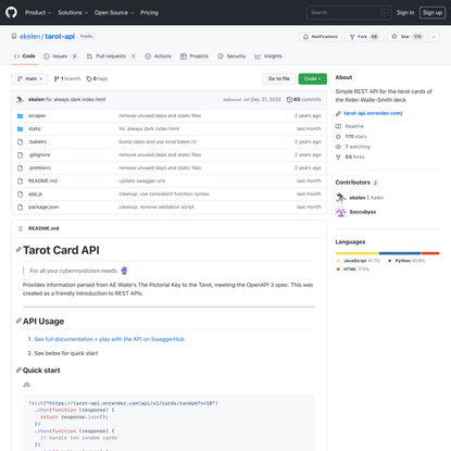 GitHub - ekelen/tarot-api: Simple REST API for the tarot cards of the Rider-Waite-Smith deck