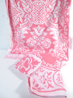Vintage towel set, mid century modern, pink and white damask pattern, hollywood regency, pink bathroom decor