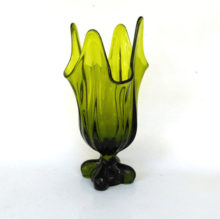 Vintage Epic Viking Green Handkerchief Vase."LARGE" Glass Vase Mid Century Modern Green Footed Vase, Pulled Glass Vas...