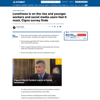 Loneliness is on the rise and younger workers and social media users feel it most, Cigna survey finds