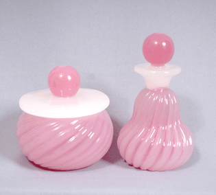 Vintage 1950s Murano Art Glass Opaline Pink Bottles Jars Boudoir Table Set