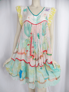 TSUMORI CHISATO 2 piece ephemeral watercolor silk chiffon trapeze blouse and flared skirt/hand drawn, embroidered & e...