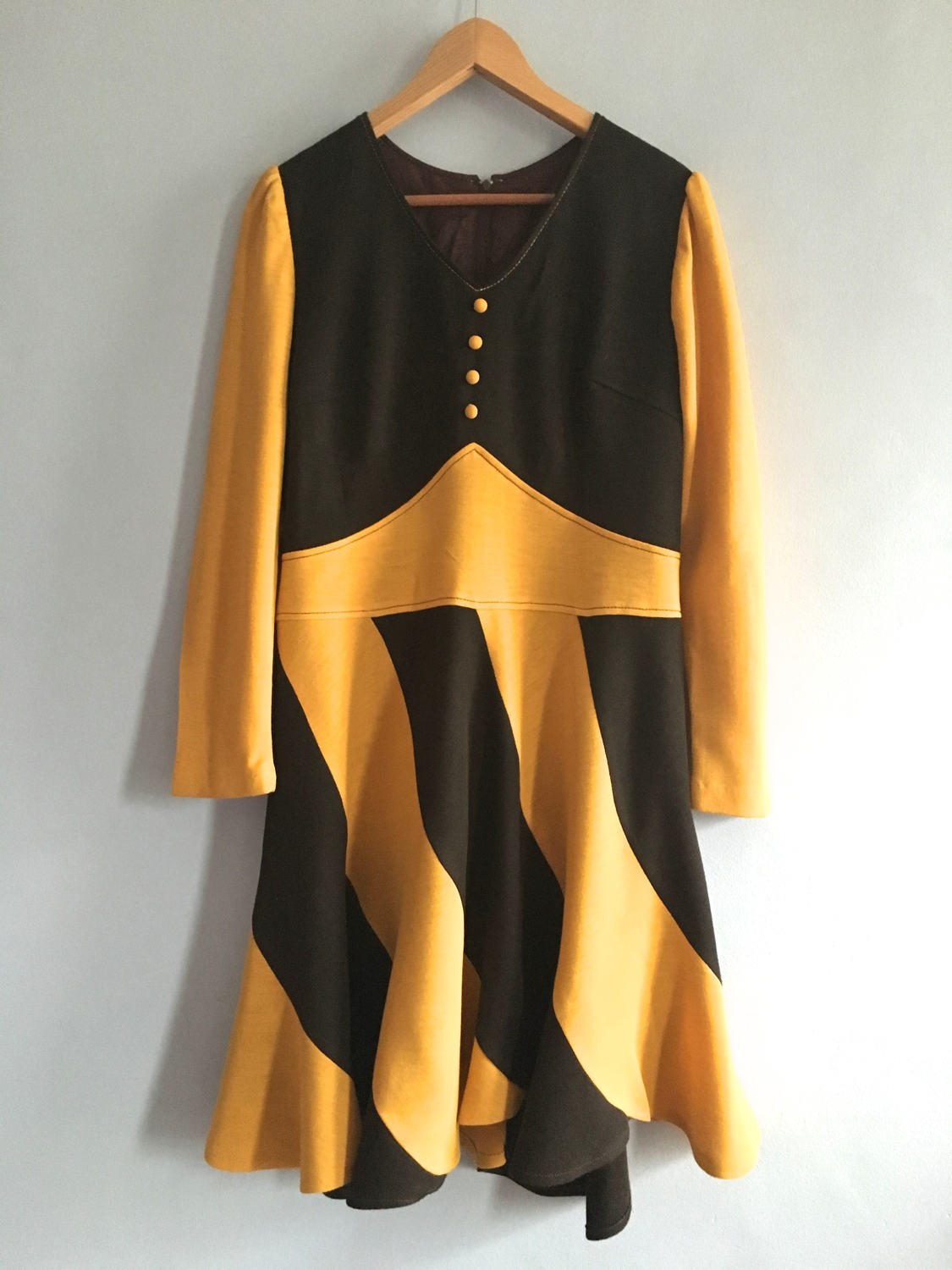 Vintage 70s swirl dress 1970s swirl dress full skirt bias cut dress panels swirl Peggy Olson barber shop dress mustar...