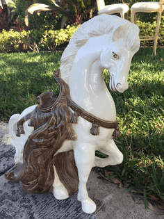 A TANG THANG / Fabulous Glazed Ceramic Tang Horse / Tassels / Draped Seat / Off White And Brown / Tall 22 x 18 Wide -...