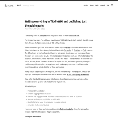 Writing everything in TiddlyWiki and publishing just the public parts – Baty.net