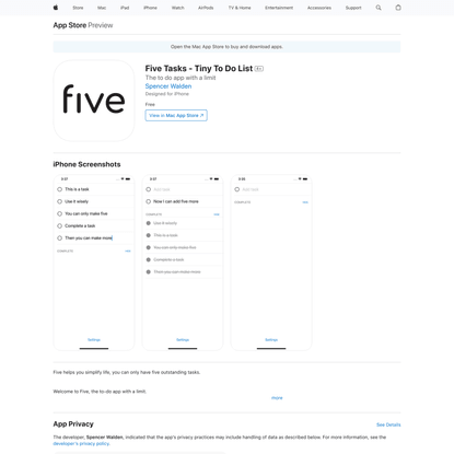 ‎Five Tasks - Tiny To Do List