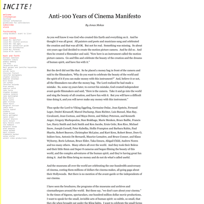 INCITE » Anti-100 Years of Cinema Manifesto, by Jonas Mekas