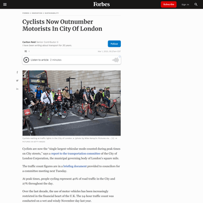 Cyclists Now Outnumber Motorists In City Of London
