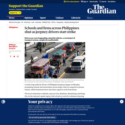 Schools and firms across Philippines shut as jeepney drivers start strike