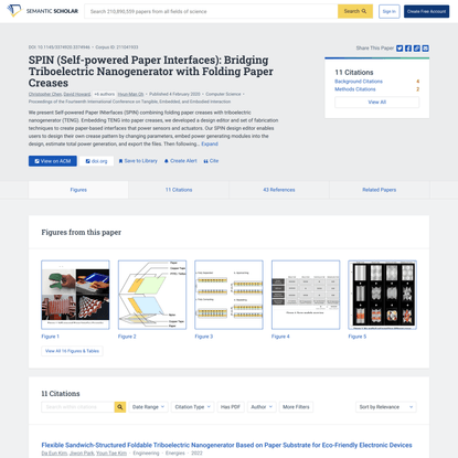 SPIN (Self-powered Paper Interfaces): Bridging Triboelectric Nanogenerator with Folding Paper Creases | Semantic Scholar