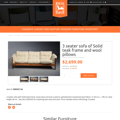 3 seater sofa of Solid teak frame and wool pillows | Mostly Danish Furniture Ottawa