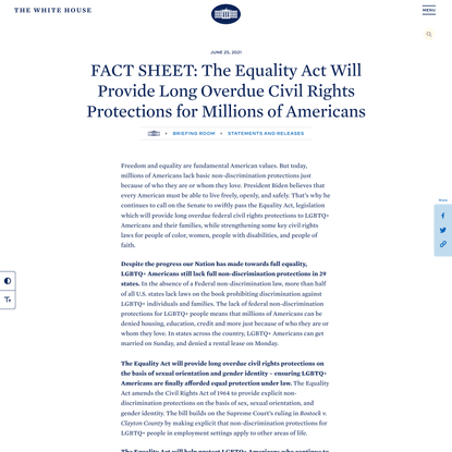 FACT SHEET: The Equality Act Will Provide Long Overdue Civil Rights Protections for Millions of Americans | The White House